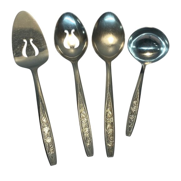 Vintage Ecko Eterna Stainless Steel Serving Pieces Silverware Set of 4 Floral - Picture 1 of 8